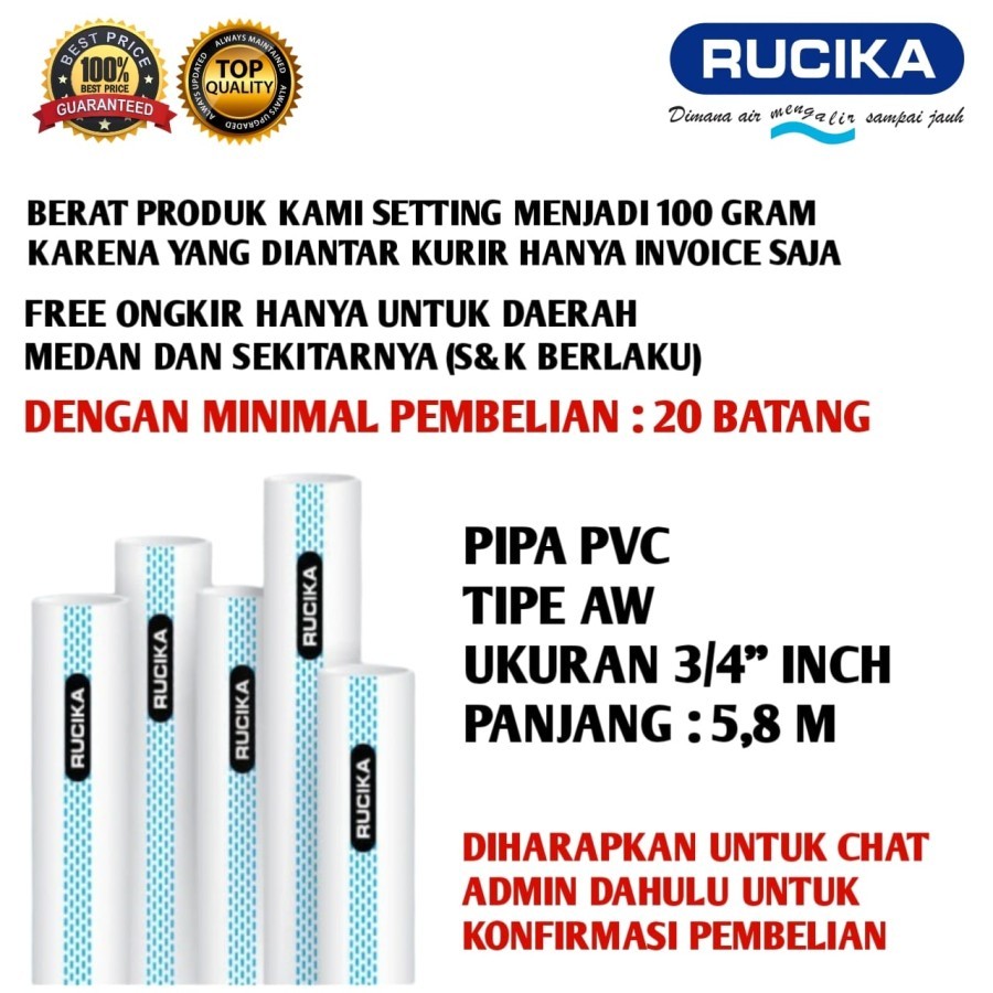 PIPA RUCIKA WAVIN PUTIH PVC TIPE AW TEBAL 3/4" Inch INCH 0.75 INCH Pipa pvc rucika standard tipe AW 