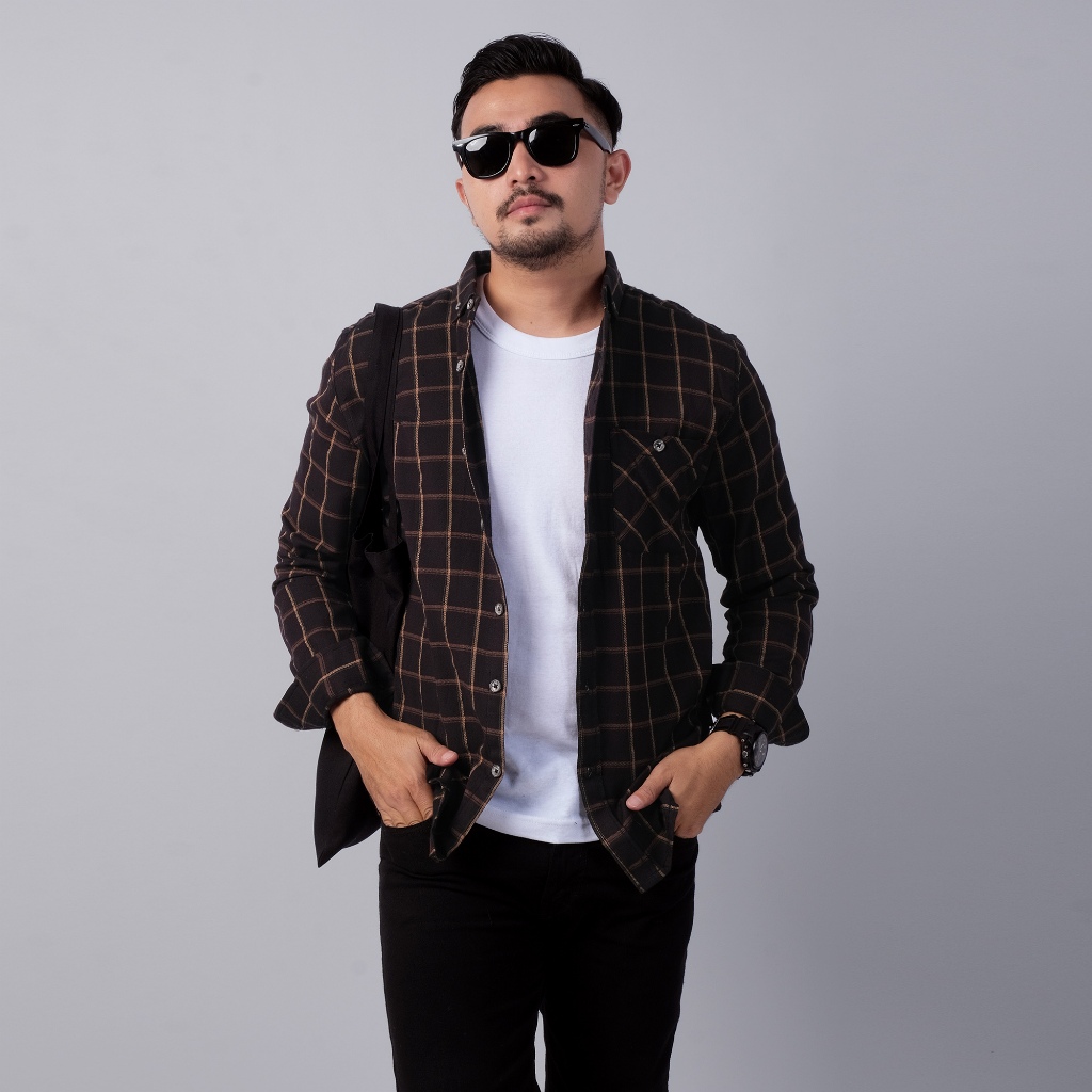 DGM Fashion Kemeja Pria Flanel Premium Lengan Panjang Kotak-Kotak Coklat Garis Kuning 1741