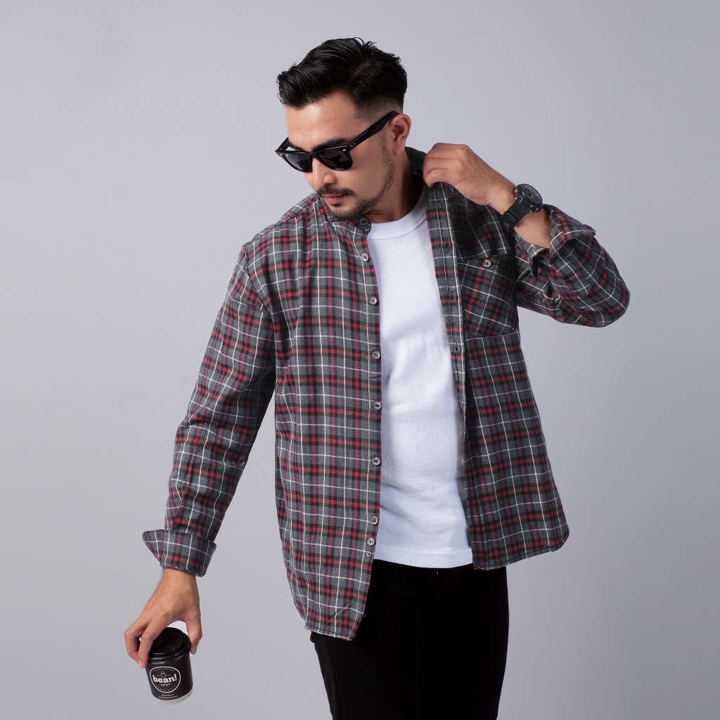 DGM Fashion Kemeja Flanel Lengan Panjang Kotak Merah Abu garis Putih 1703