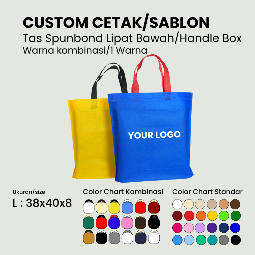 

Kompak Ecobag - Tas Spunbond Handle Box/Lipat Bawah - Custom Sablon - 38x40 - Goodiebag|Shoppingbag|Totebag