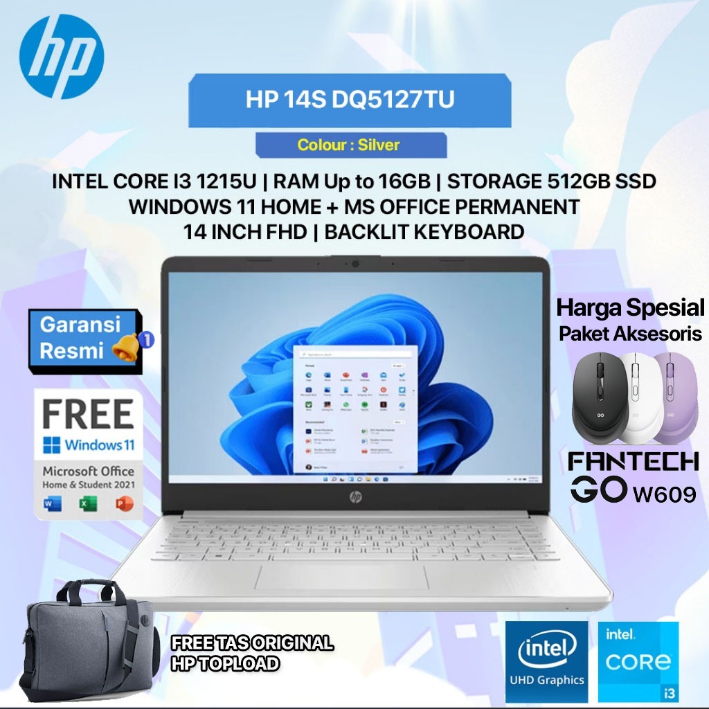 CICILAN MURAH - LAPTOP HP 14S DQ5115TU INTEL CORE I3 1215 RAM 4GB 512GB W11+OHS 14.0FHD BLIT 2Y SLV