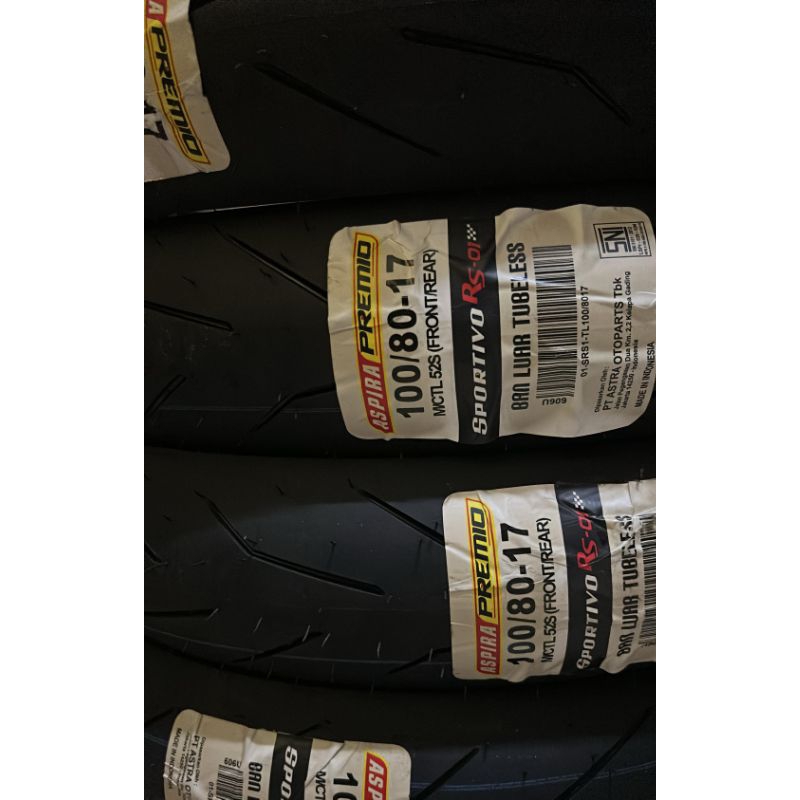 [READY] BAN ASPIRA PREMIO ORI100% UKURAN 100/80 RING 17 RS-01 BAN TUBELESS SOFT COMPOUND BAN RACING 