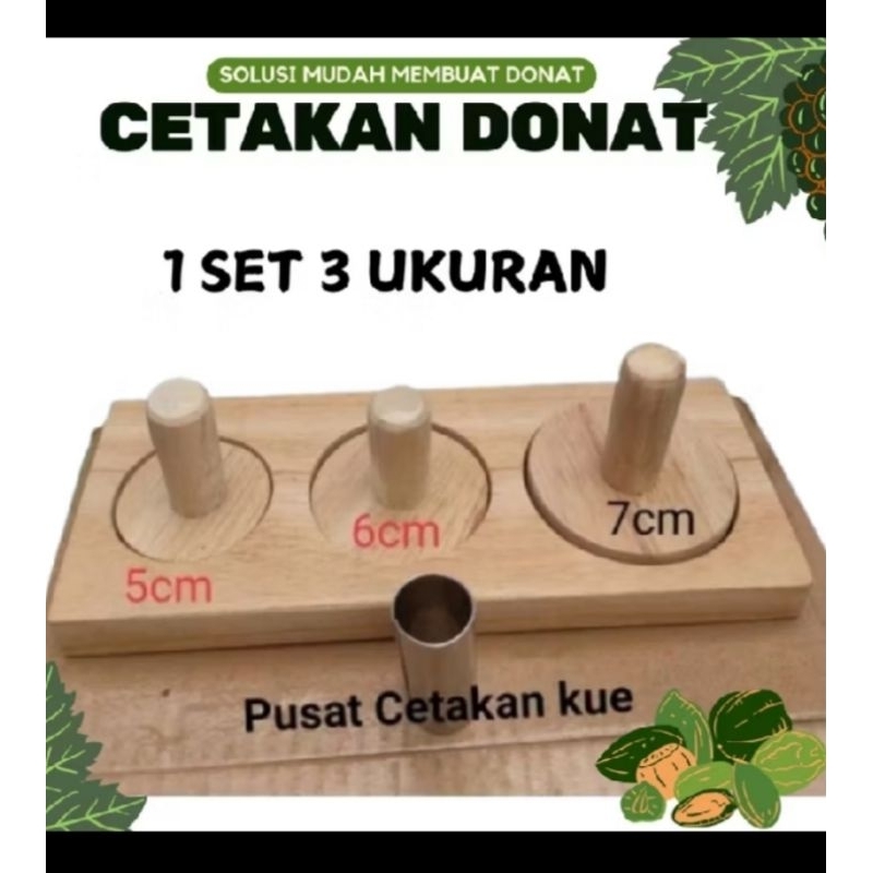 

Cetakan donat kayu 3lubang 3 ukuran 1set.(3pcs) cetakan +penekan+pembolong