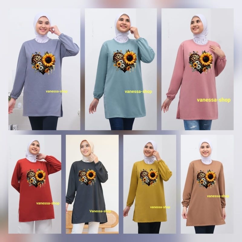 kaos tunic wanita dewasa motif bunga matahari Love kaos tunik