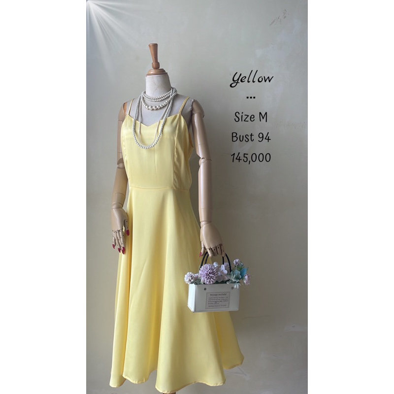 Tanktop dress midi setali halus kuning satin flare klok cantik furing premium preloved murah simple 