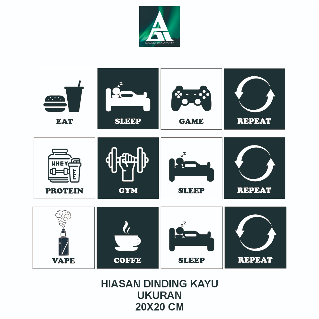 Hiasan Dinding Gaming Sleep Repeat Hiasan Dinding Kamar WallDecor 1 Set 4 Pcs GA93