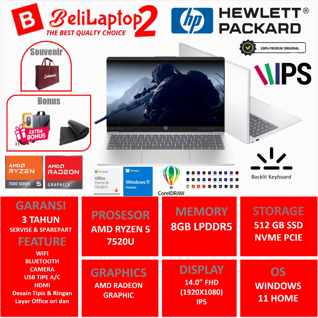 Laptop Gaming Hp 245 G10 AMD Ryzen 5 7520U 8GB 512GB SSD 14 FHD Windows 11 Original Terbaru