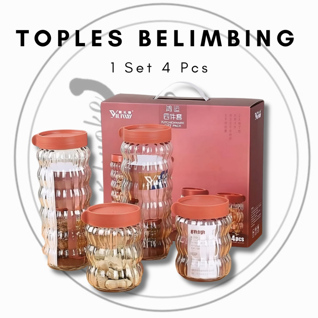 Toples Kaca Motif Belimbing Set 4In 1 Tempat Kue Kering Lebaran