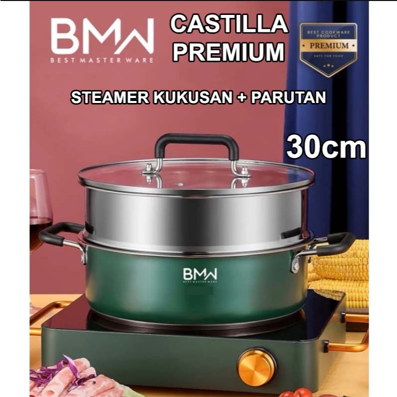 Panci Kukus Stainless 2 Susun 30cm Steamer Tutup Kaca + Parutan Kukusan BMW Castilla Premium