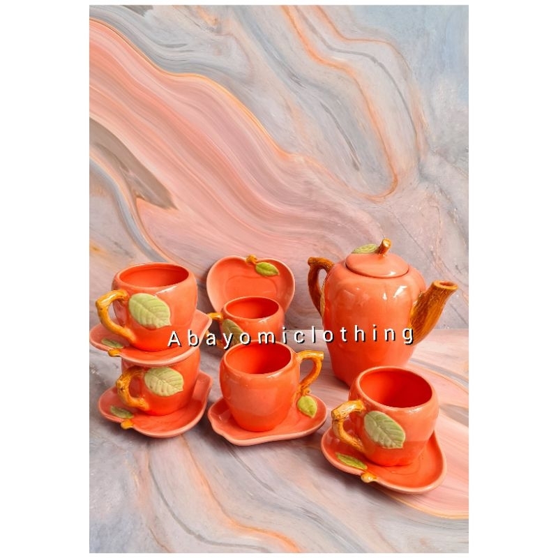 CANGKIR SET TEKO MEWAH/ CANGKIR SET KERAMIK MODEL APEL MEWAH/ CANGKIR KERAMIK SET MEWAH SNI