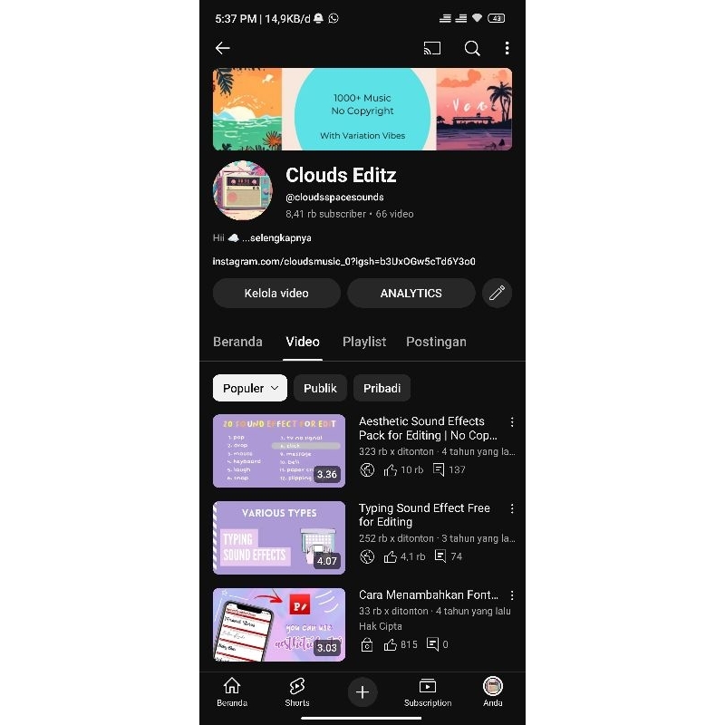Akun YouTube 8000+ subs Niche Editing/Musik