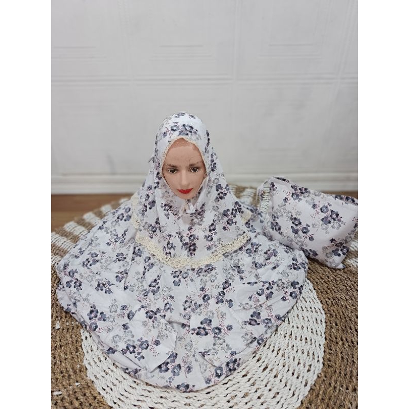 Mukena Terusan Rayon printing motif bunga sepatu/Mukena terusan santri/Mukena terusan  murah