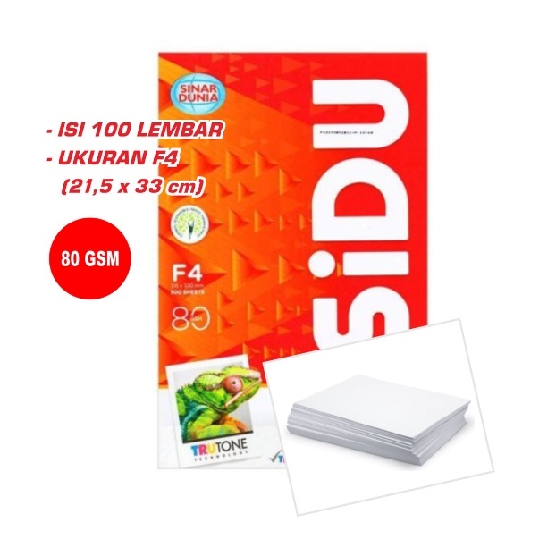 

KERTAS HVS UKURAN F4 / COPY PAPER / KERTAS FOTOKOPI 80 GSM ISI 100 LEMBAR MERK SIDU