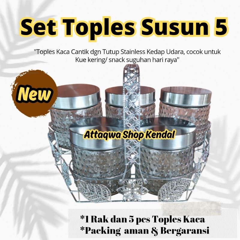 Toples kaca set 5 Toples rak stainless set 5 Toples Lebaran