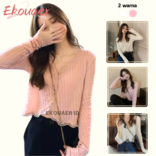 Ekouaer Cardigan Crop /Korean V Neck Button Down Knit Cardigan/Korea Cardigan Rajut Pink