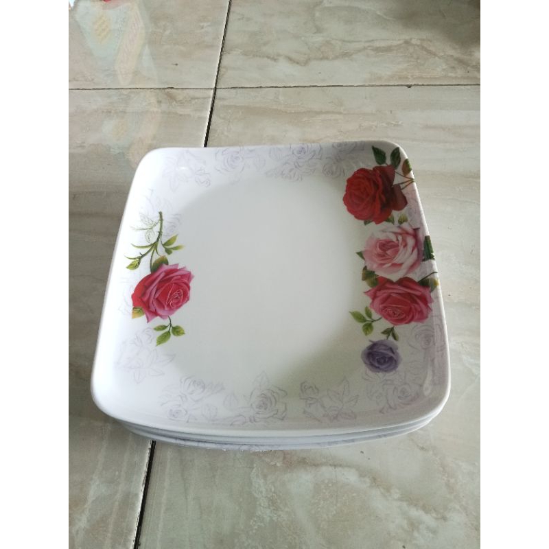 Piring Melamin | Piring Segi Melamin | Piring Motif Bunga Mawar