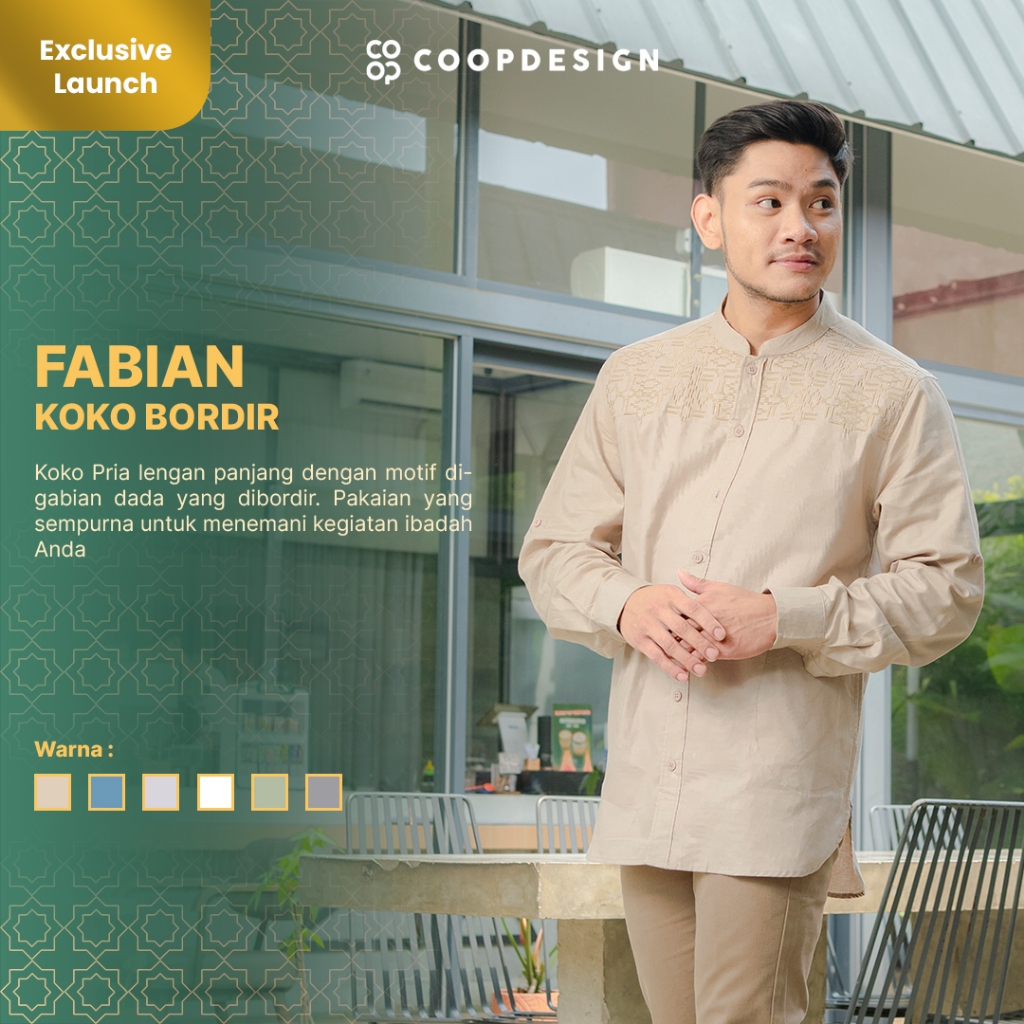 [Exclusive Baju Lebaran 2025] Coop Design - Fabian Koko Bordir Kerah Changi Collarless Katun Pria Le