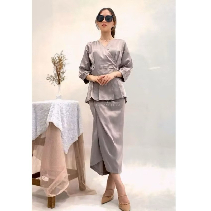 NAURA One Set Rok Lilit Satin + Kimono Blouse / Set Satin Wrap Skirt Kondangan / Oneset Satin Modern