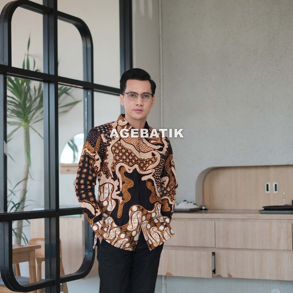 AGEBATIK AGE038  - Kemeja Batik Pria - Lengan Panjang Pendek - Slim Fit - Motif Parang Kawung - Katu