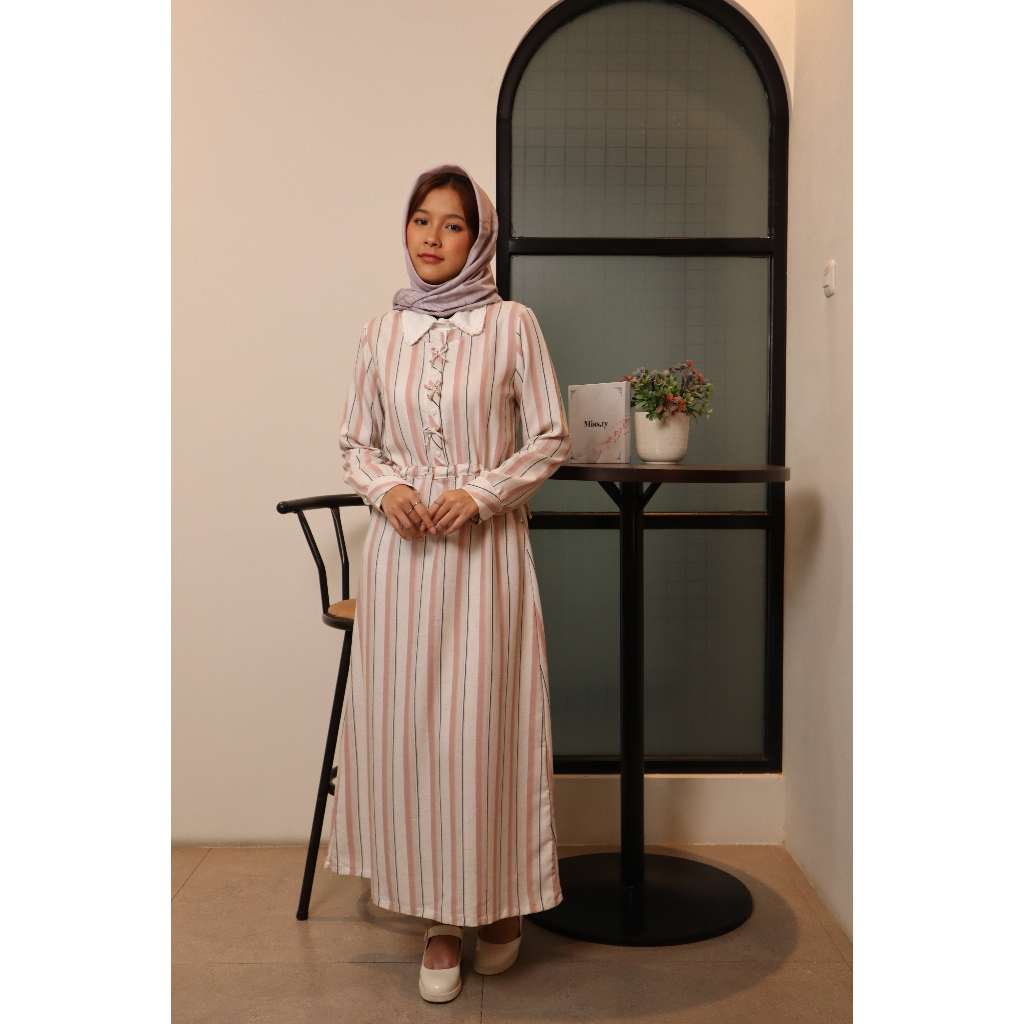 Missty Freeteen Gamis Dress Wanita Warna Pink Putih Motif Salur Garis Bahan Katun Kualitas Premium B