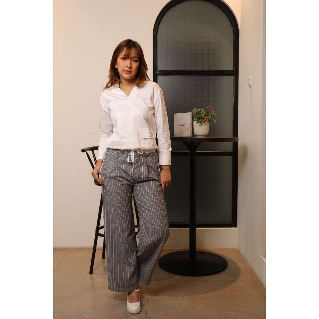 Missty Freeteen Celana Kulot Wanita Warna Abu Putih Motif Garis Model Korea BEST SELLER (Camomile 53