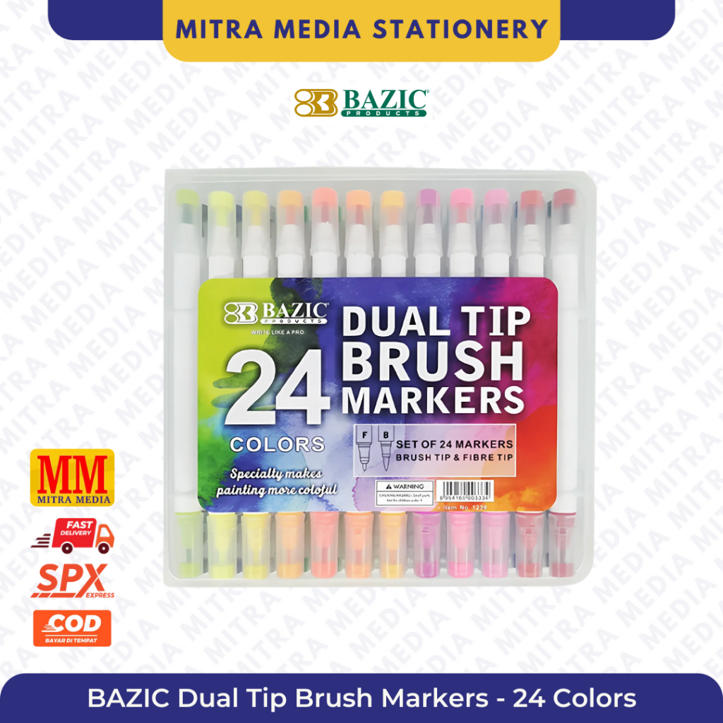

Bazic 24 Colors Dual Tip Brush Markers - Spidol 24 Warna / Spidol Marker Dual Head