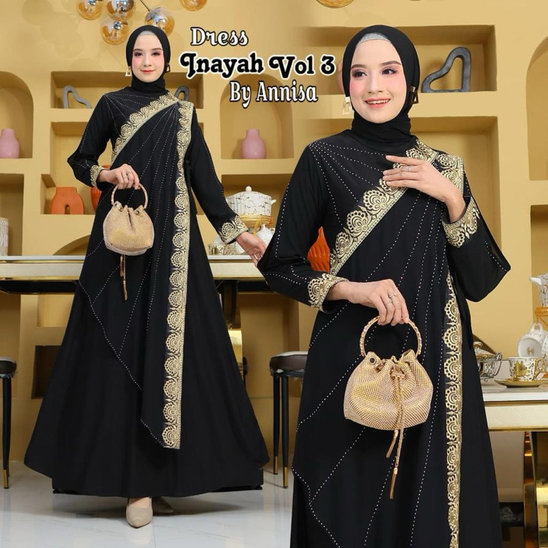 Gamis Muslimah Dress Inayah - Bahan Ceruty Premium Lembut & Halus - 6 Warna (Hitam, Lime, Cokelat, N