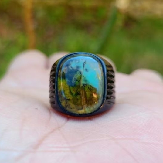 Natural Cincin Akik Bacan Kembang Pancawarna Kotak Elegan Ring Titanium Black