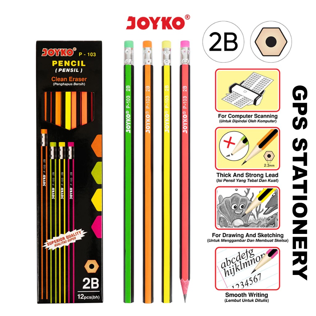 

Pencil Pensil Joyko P-103 2B 1 BOX 12 PCS ( PENSIL ADA PENGHAPUS )