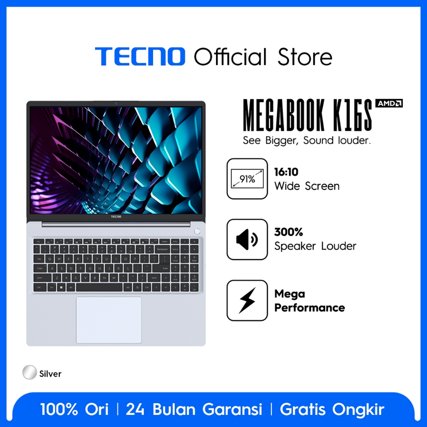 TECNO MEGABOOK K16S RYZEN 5 7430 16GB 512GB W11+OFFICE PERMANEN 16.0WUXGA IPS SILVER