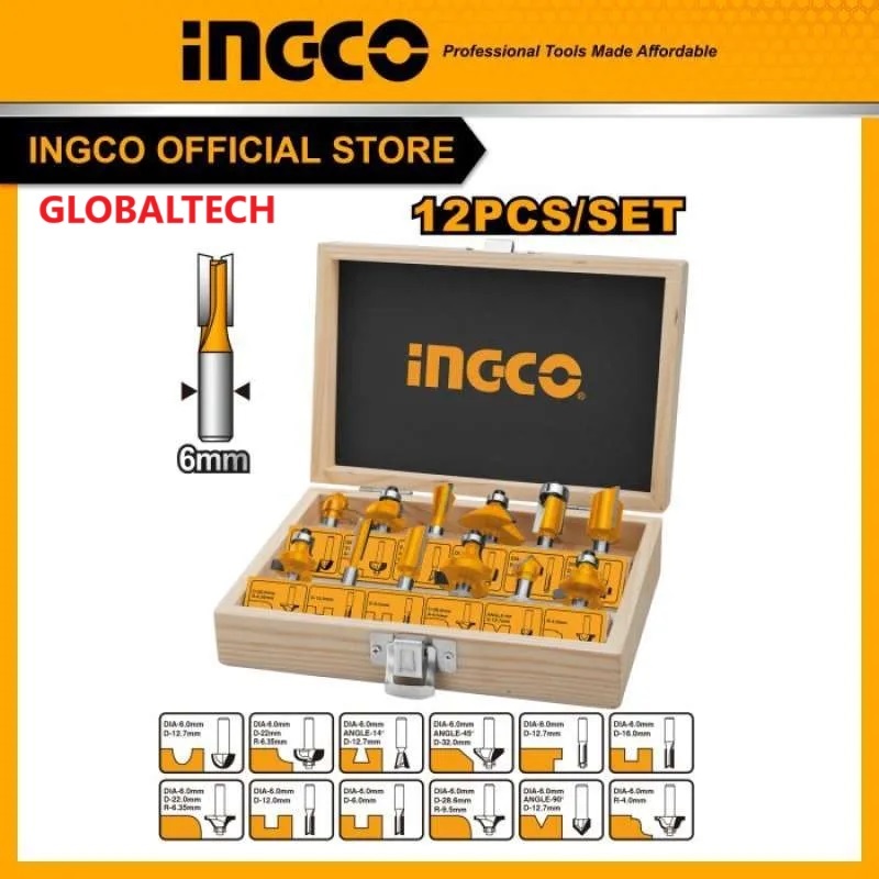 INGCO AKRT1201 MATA ROUTER MATA PROFIL KAYU 12PCS 6MM ROUTER BITS INGCO