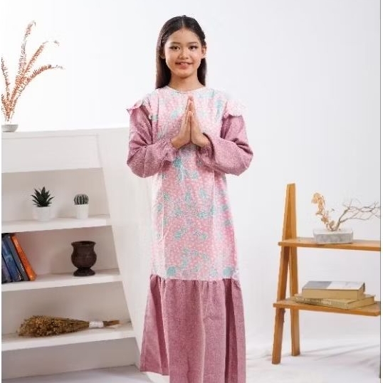 GAMIS BATIK ANAK KELLY LENGAN PANJANG HIJAB MOTIF BUNGA MIX KOMBINASI POLOS MADINAH