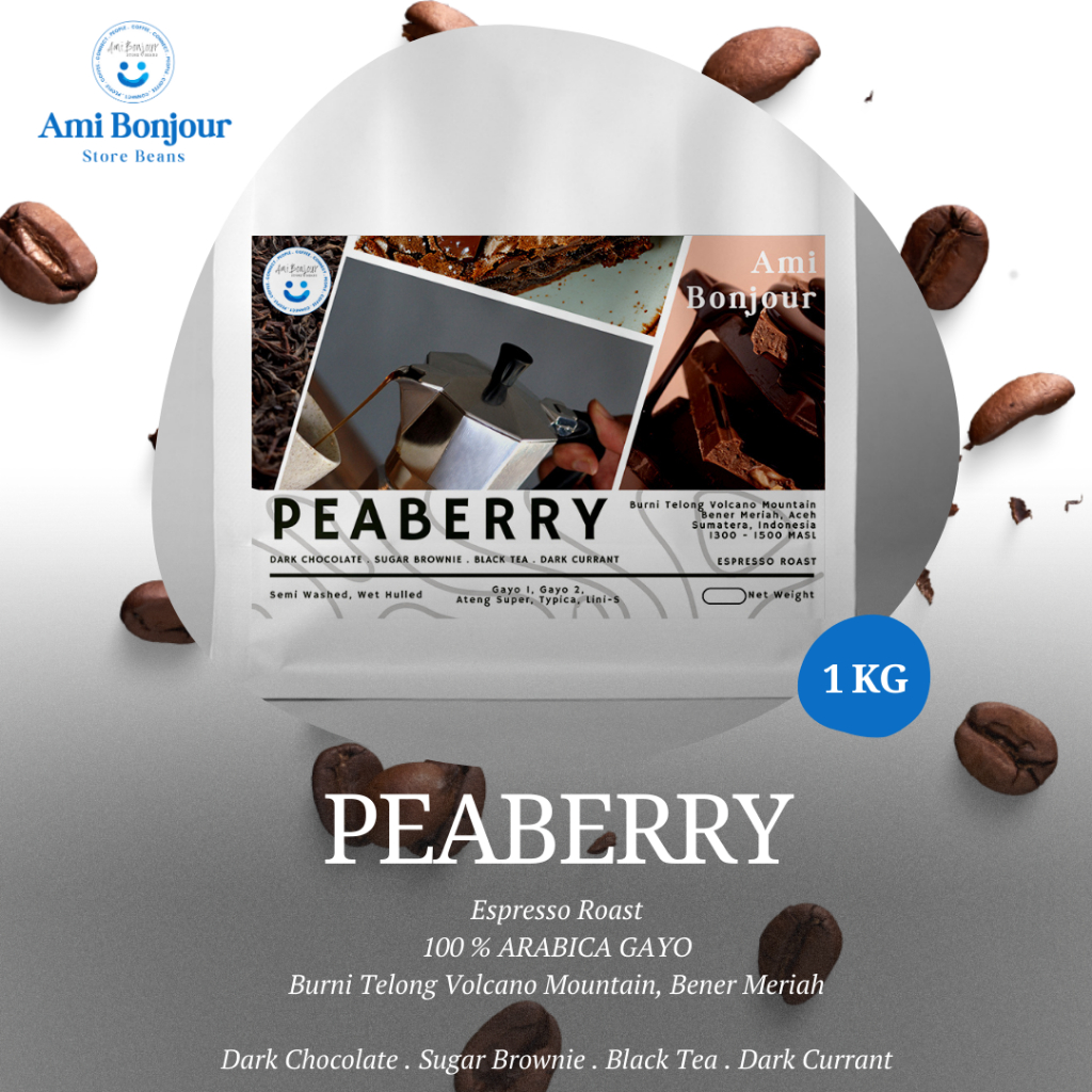 

Ami Bonjour - Peaberry - Biji Kopi Espresso Roast Coffee Bean - Kopi Arabica Gayo - Kopi Jantan - 1Kg