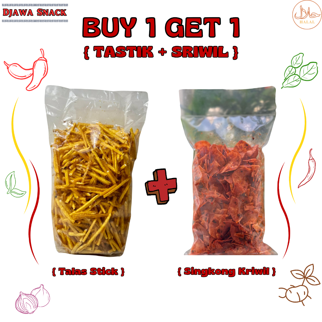 

BUY 1 GET 1 TASTIK + SRIWIL [BUY TALAS STICK GORENG FREE SINGKOK KRIWIL PEDAS DAUN JERUK]