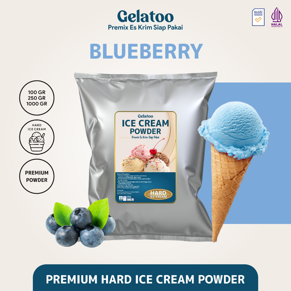 

Bubuk Es Krim Hard Ice Cream Powder Premium Rasa Bluebery Gelatoo Blueberry 250 gram / 1 kg