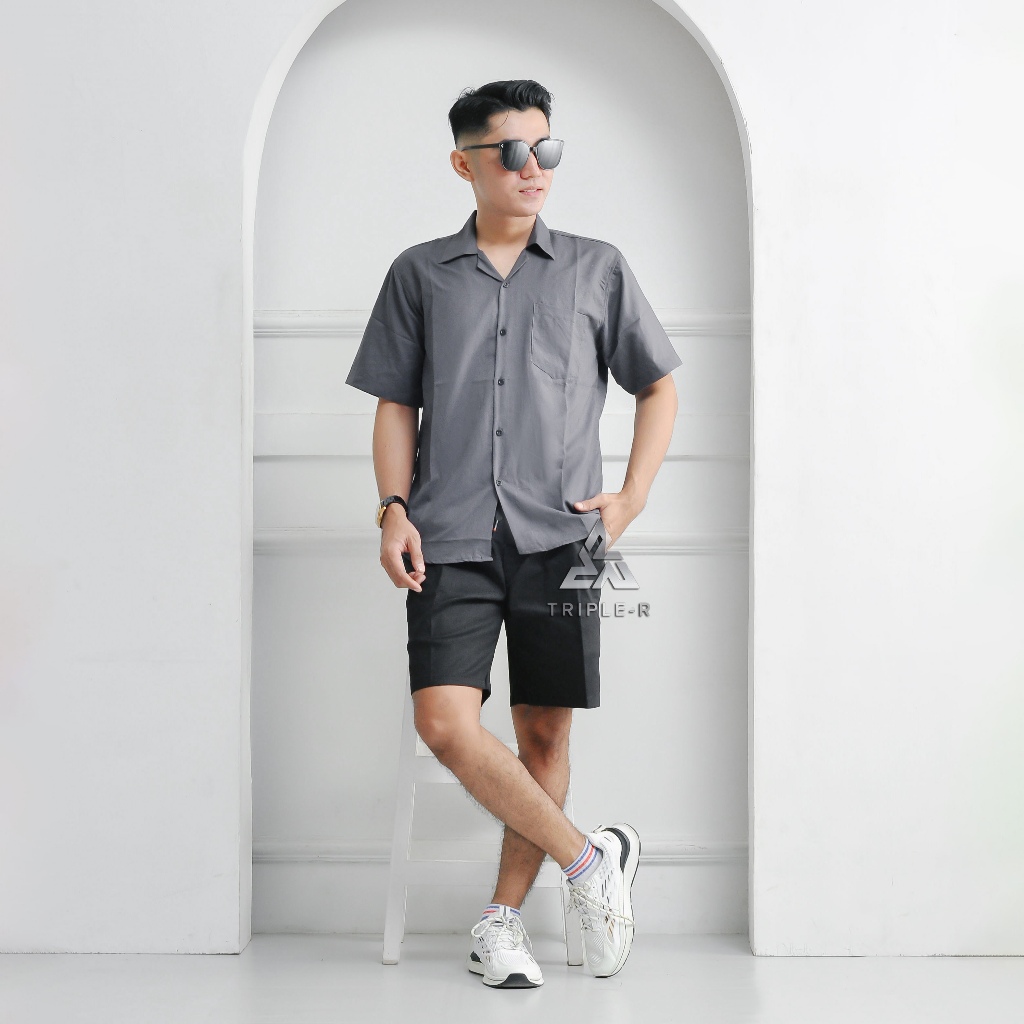 OneSet Pria Kemeja Polos Rayon Twill Celana Pendek Boardshort Premium Setelan Pria