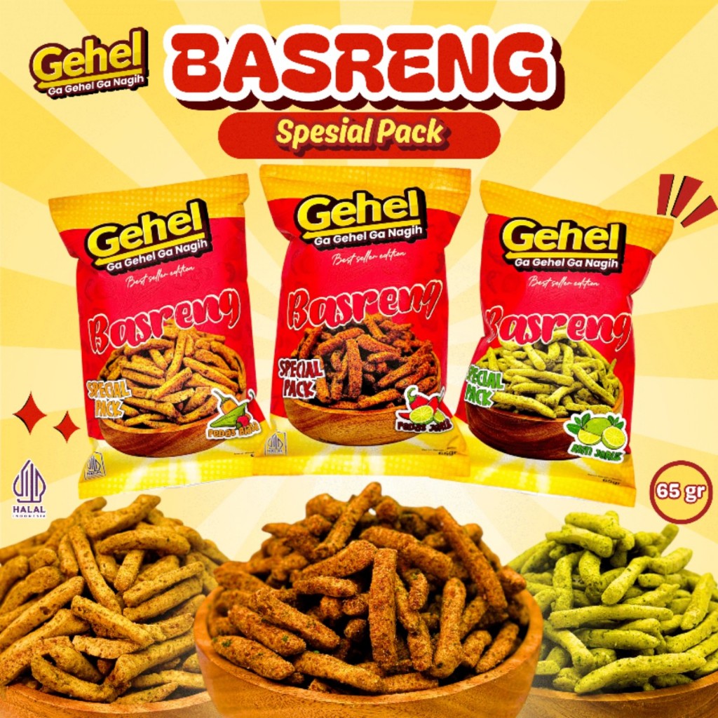 

Gehel spesial pack BASRENG 65gr - cemilan makaroni varian rasa pedas jeruk, pedas biasa, Asin Jeruk - makanan ringan