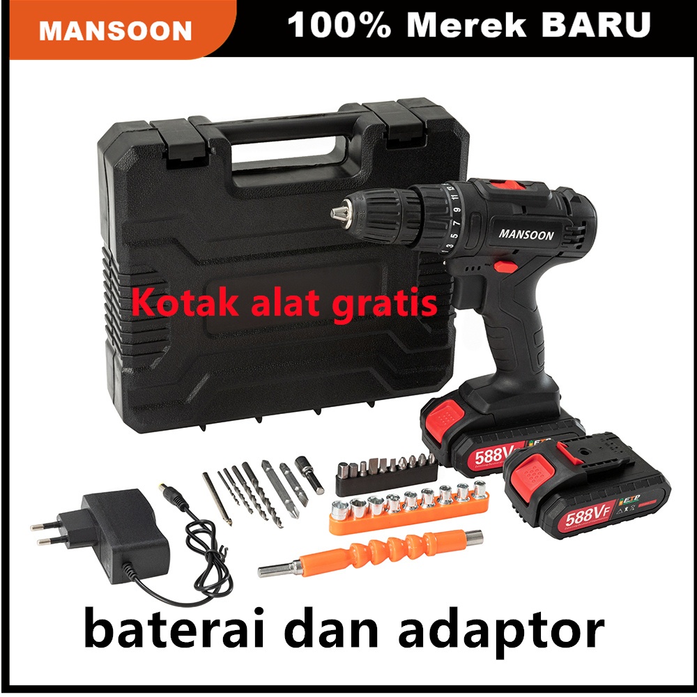 Ready⚡MANSOON 588VF Bor listrik Cordless Screwdriver Set Portable Bor Listrik Tool Set with Baterai 