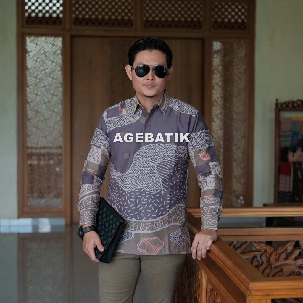 AGEBATIK AGE094 - Kemeja Batik Pria Lengan Panjang Pendek - Slim Fit - Motif Catur Abu - Katun Premi