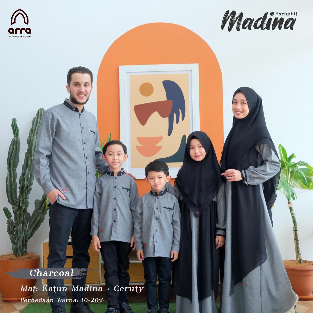 BAJU COUPLE KELUARGA GAMIS KOKO PRIA WANITA ARRA SARIMBIT MADINA CHARCOAL MODEL LEBARAN 2025