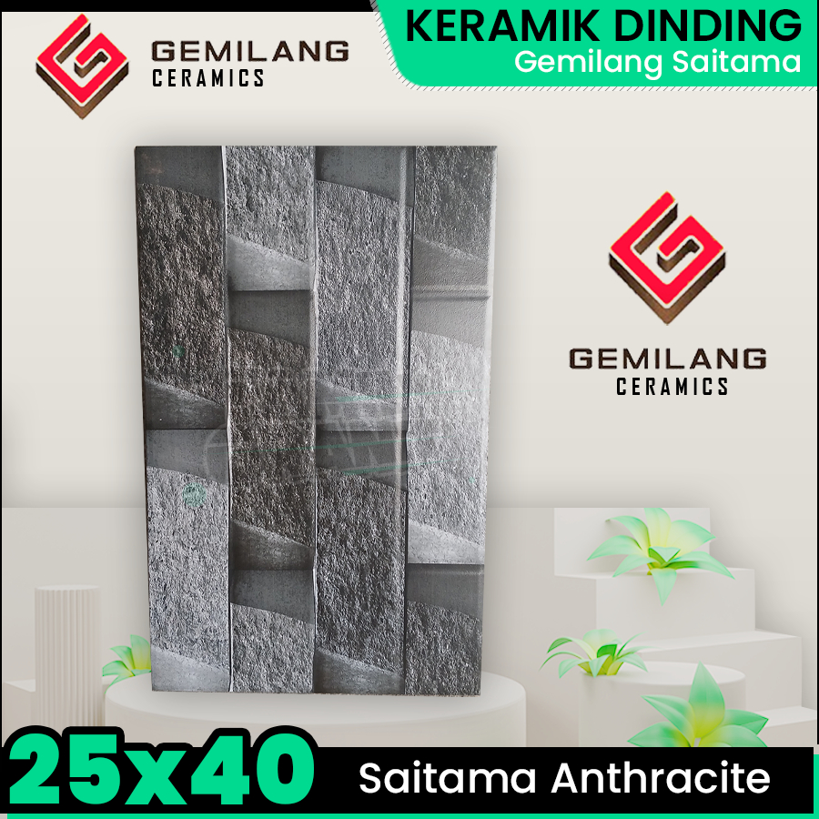Keramik Dinding 25x40 Gemilang Saitama Anthracite Motif Bata Hitam Tekstur Kasar