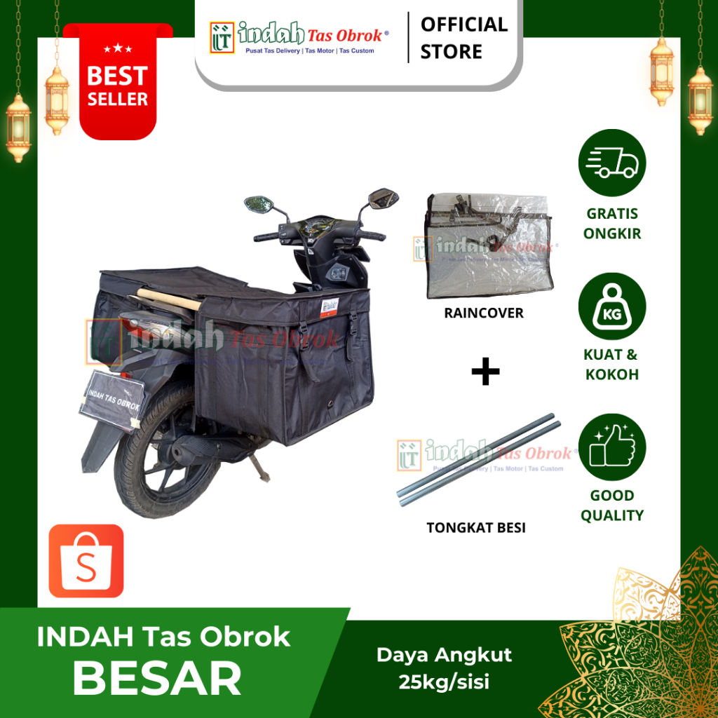 INDAH Tas Obrok - [PAKET LENGKAP] Tas Obrok Motor Besar Hitam Kuat + Tongkat Besi + Raincover