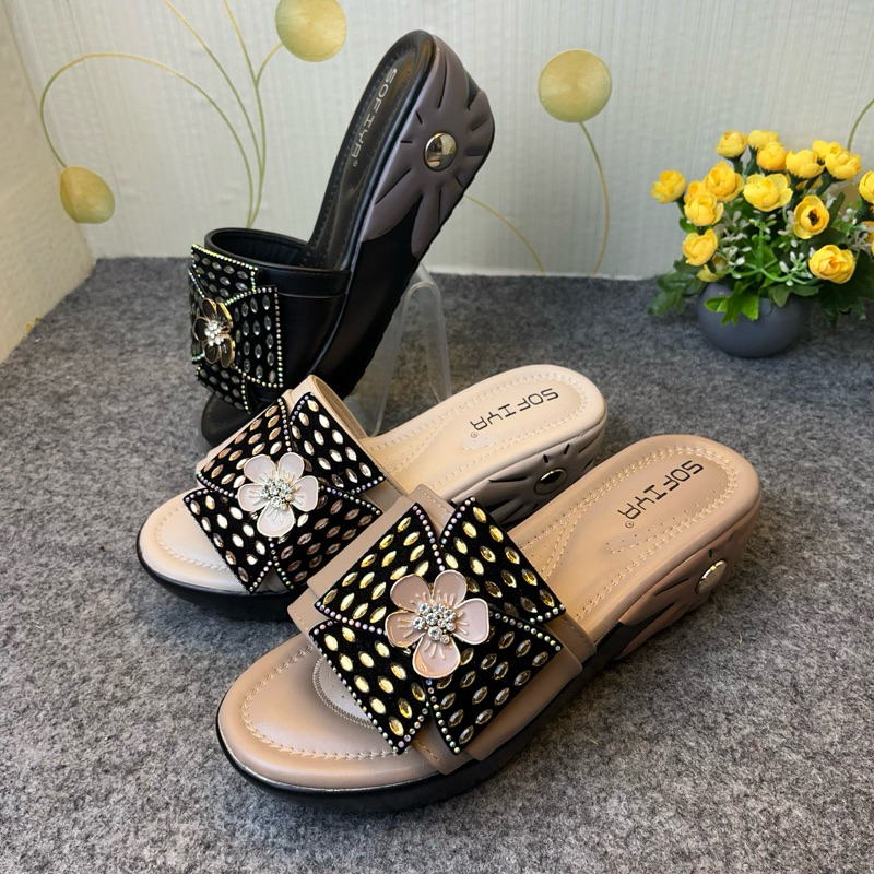 SOFIYA ORI 2175 45  SANDAL WEDGES WANITA IMPORT/ WEDGES DENGAN ACCESORIS BUNGA/ WEDGES WANITA IMPORT
