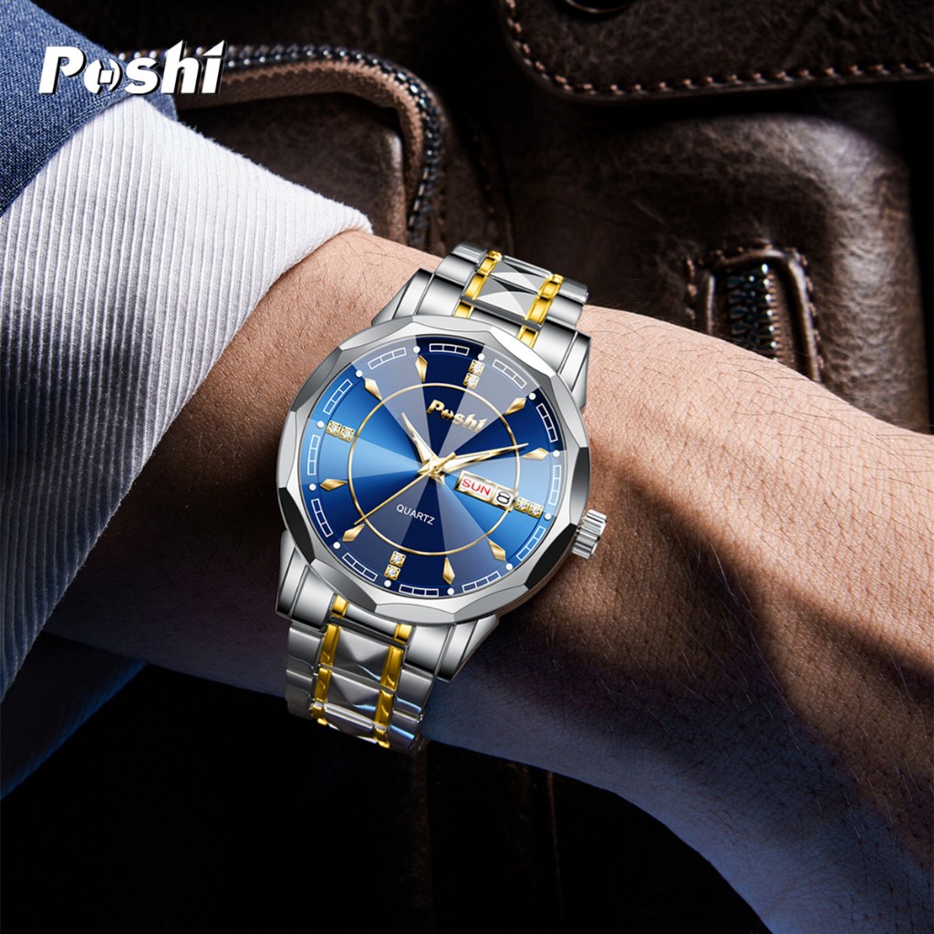 HOT DEALS POSHI Jam Tangan Pria Bisnis Anti Air Kuarsa Jam Pria Calendar Tali Stainless Steel PS983