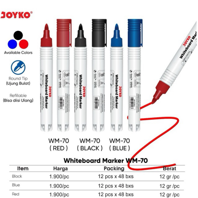 

WM70 Spidol Whiteboard Marker Refillable / White board bisa dihapus dan diisi ulang tinta Hitam Biru Merah / Spidol Papan Tulis Joyko WM-70