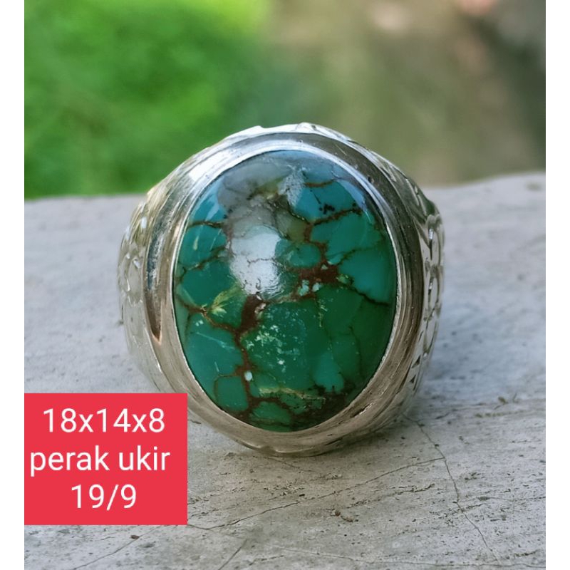 Natural pirus  hijau urat merah  ceplok kuro mesir ring perak