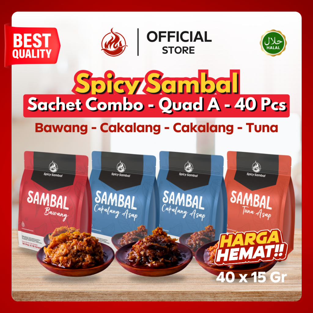 

Spicy Sambal - Paket Sachet Combo Quad - 40 Pcs x 15 Gr - Bawang / Tuna Asap / Cakalang