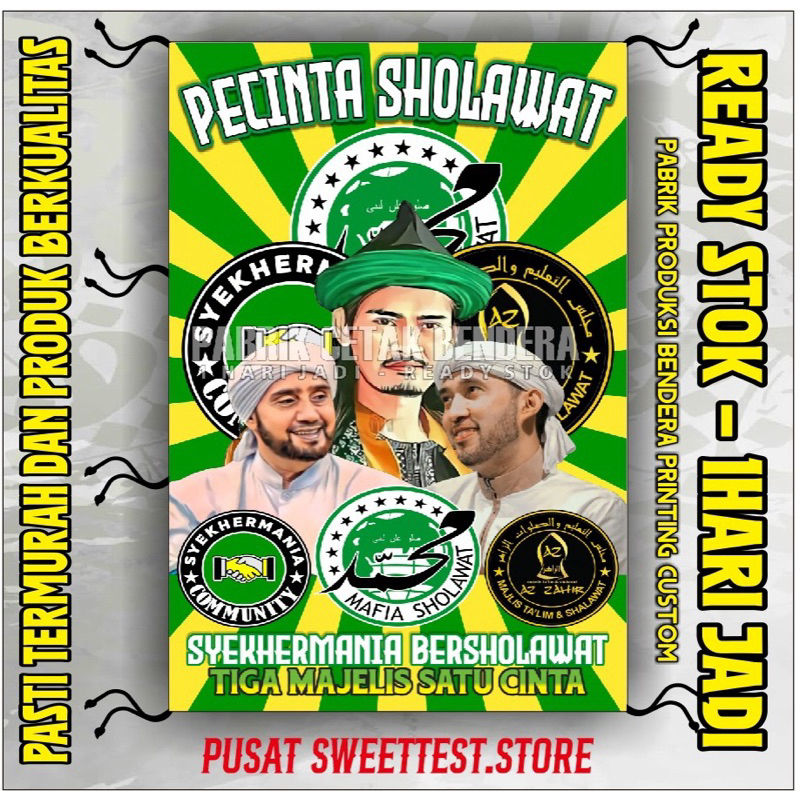 Bendera sholawat ukuran 90x60cm, READY STOK + FREE STICKER, 1 HARI DIKIRIM, BENDERA SYECKHERMANIA, B