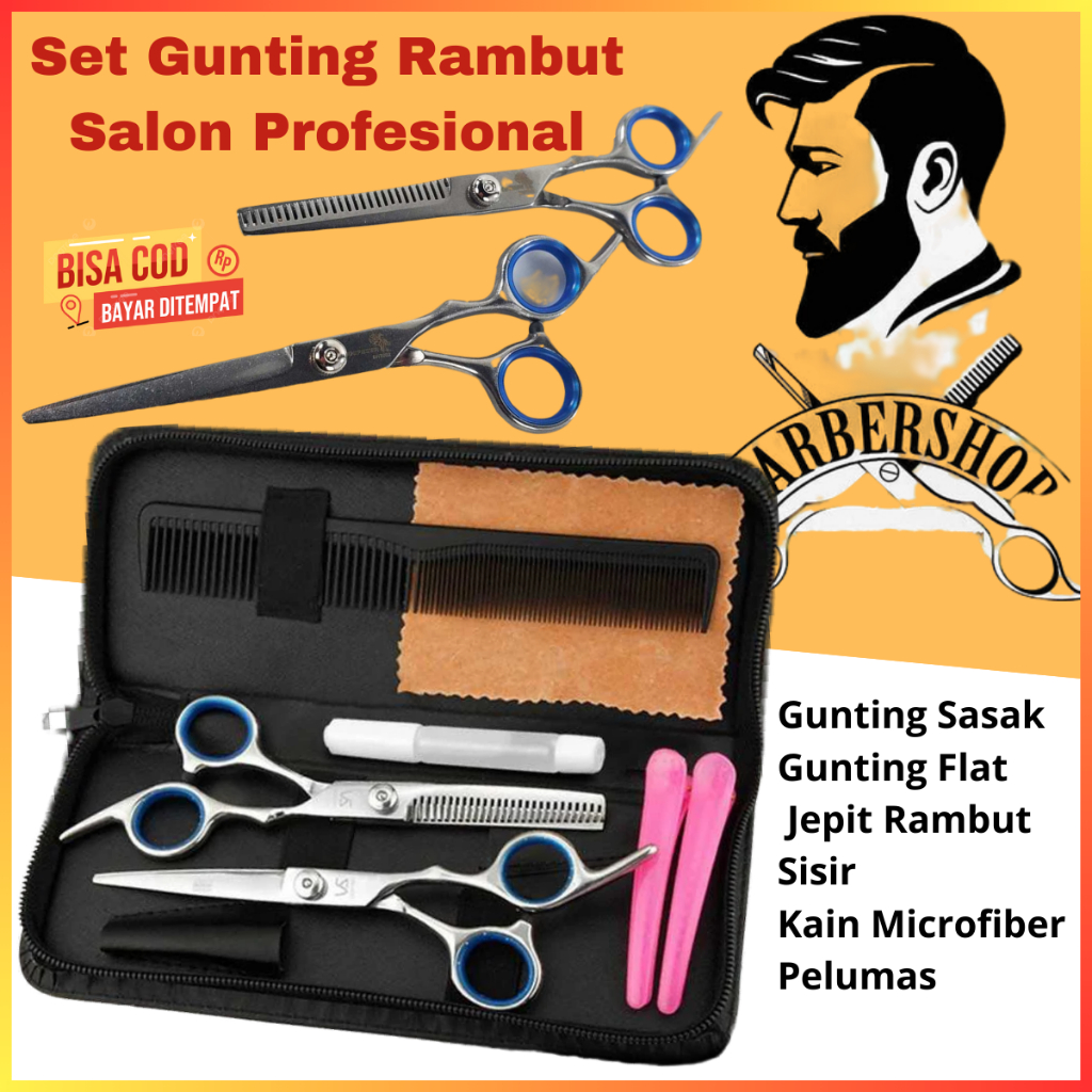 Gunting Rambut Set Lengkap Sasak Stainless Salon Barbershop Alat Cukur Rambut Salon Profesional