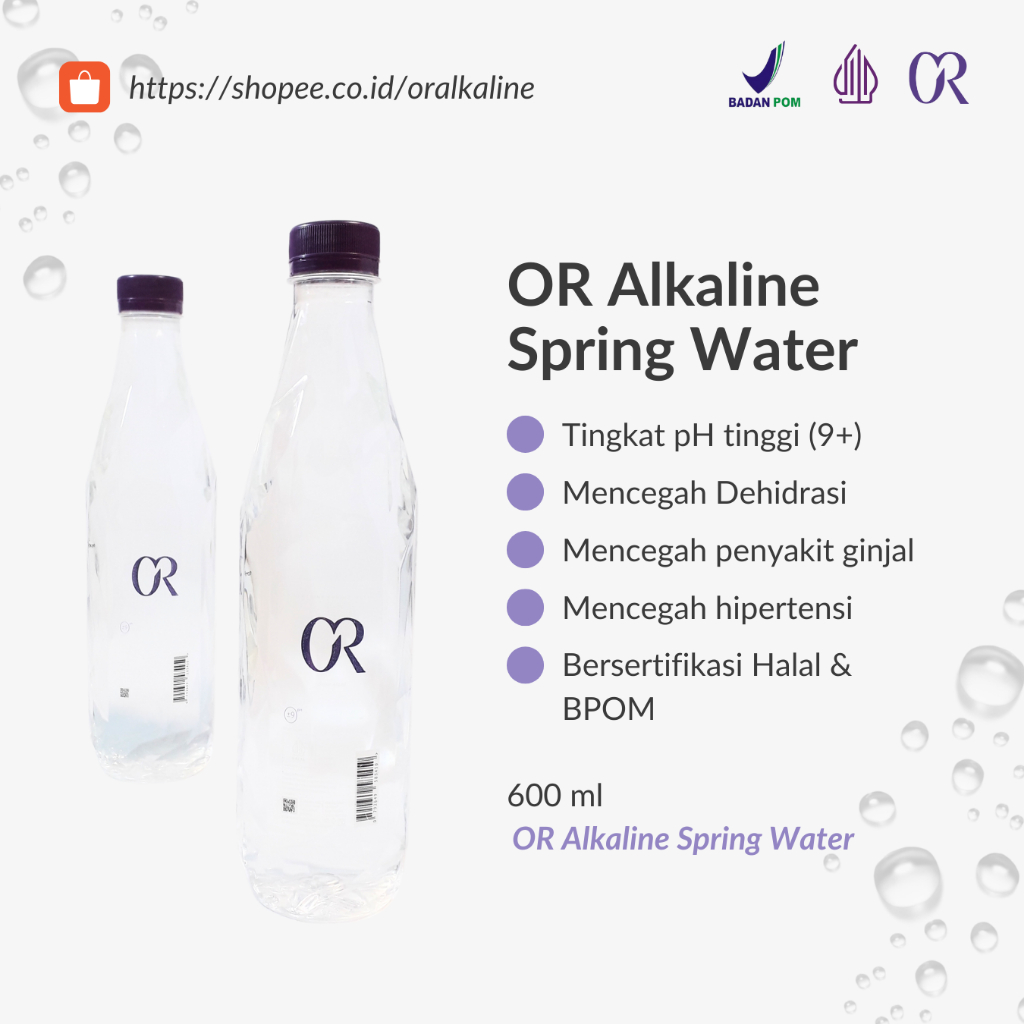 

OR Alkaline Spring Water | Air Minum Alkaline pH9 | 12 Botol 600 ml | Air minum kesehatan